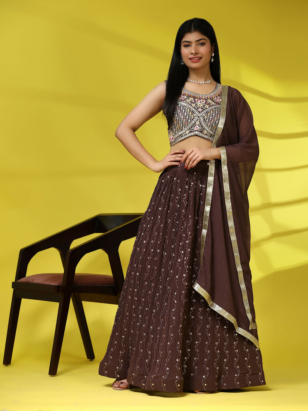 Brown Georgette Embroidered Lehenga choli with Dupatta - Dhara