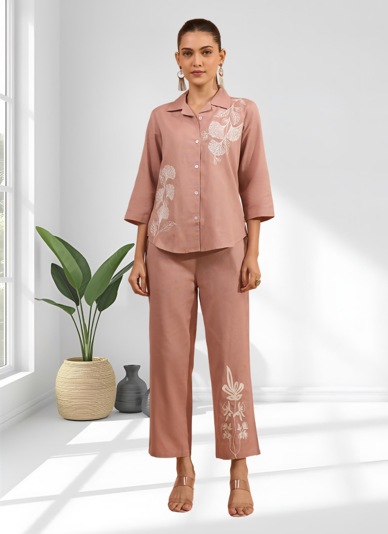 Joban Fashion Pink Cotton, Linen Embroidered Readymade Cord Set - Distacart