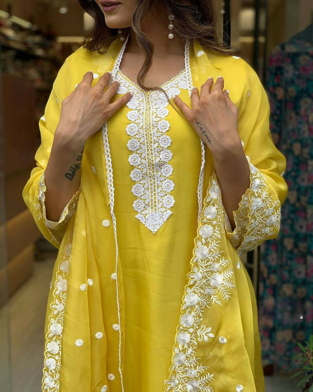 The52 Yellow Women's Gorgeous Embroidered Georgette Fabric Straight Kurta Pant with Dupatta Set - Distacart