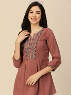 Brown Chinon Floral Embroidered Top - Zeny