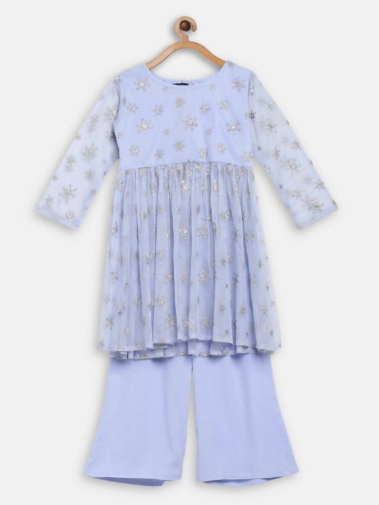 Ahalyaa Blue Net Kids Kurta Palazzo Sets For Girls