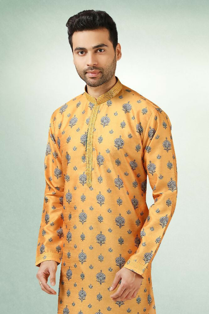 Raivat Ethnic Art Silk Printed Work Kurta Pajama In Yellow Colour