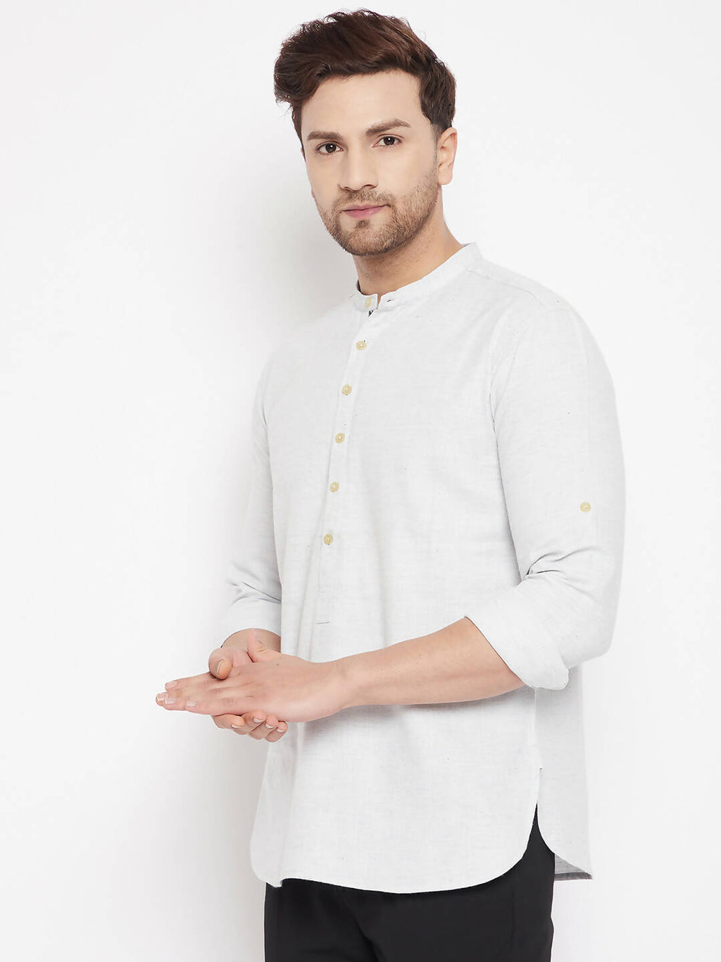 Even Apparels Cream Acrylic Short Men's Kurta With Band Collar - Distacart