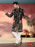 Joban Fashion Men's Blue Base ( Multi-Colour ) Straight Velvet Thread And Sequence Embroidary All Over Indo-Western Kurta Set