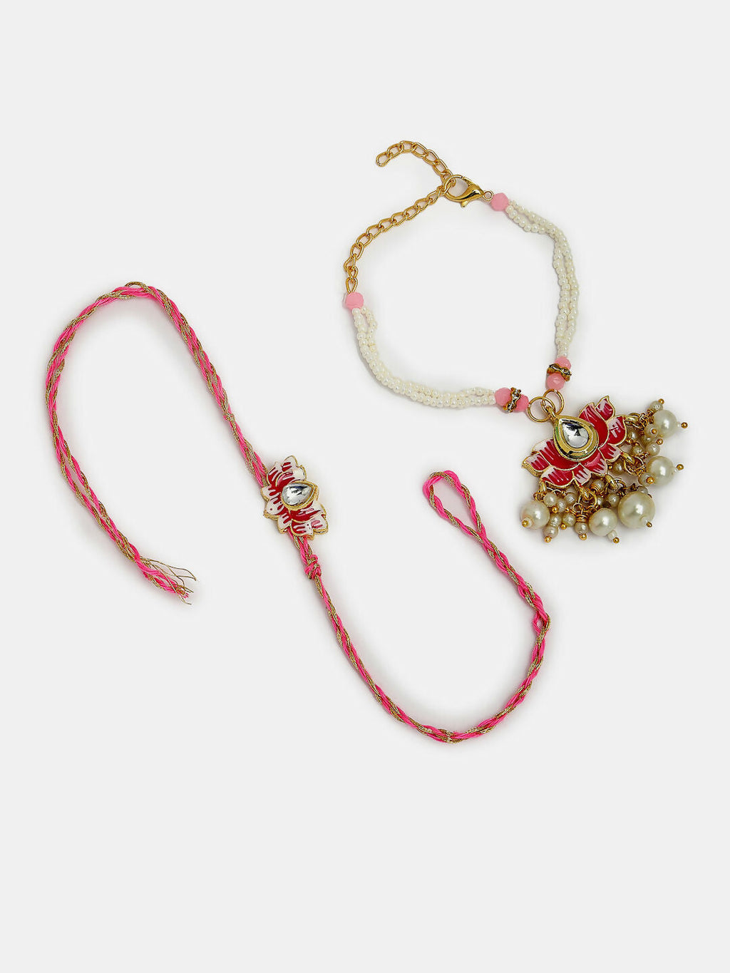 NVR Women & Men Set of 2 Pink Lotus Shape Kundan-Studded & Beaded Wraparound Rakhi Set With Roli Chawal & Chocolate - Distacart