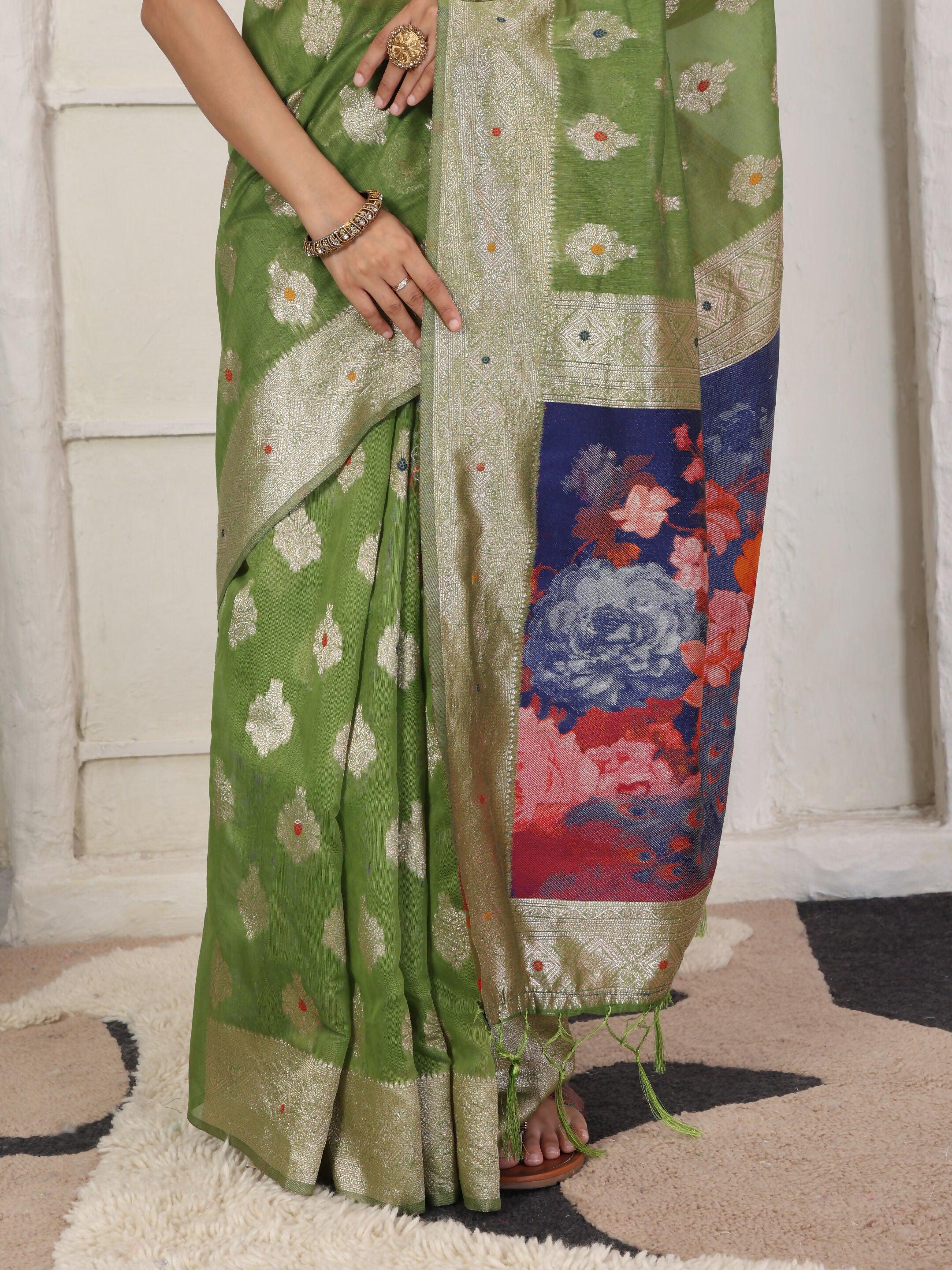 Shree Shyam Fashion Linen Cotton Green Saree - Distacart