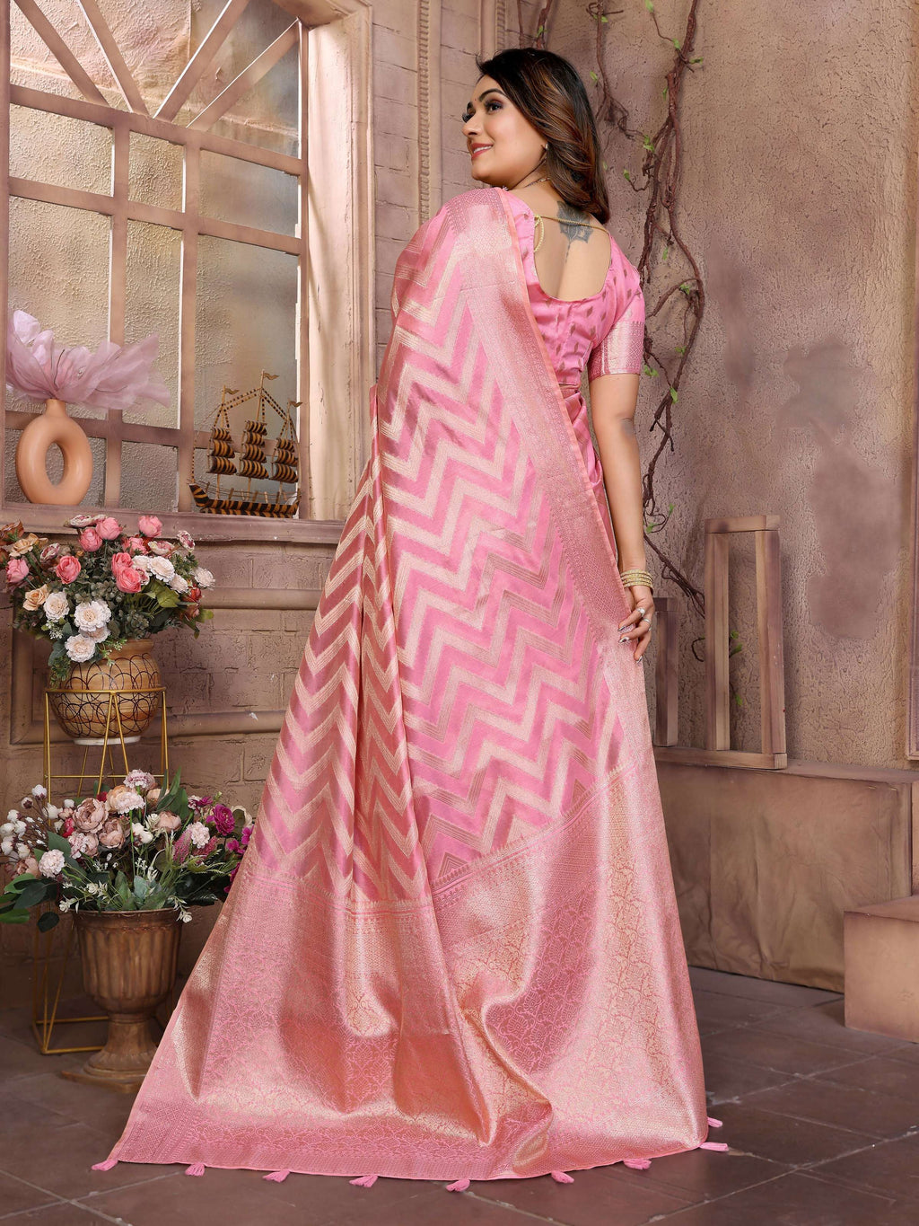 Aastha Fashion Pink Soft Organza Silk Weaving Saree - Distacart