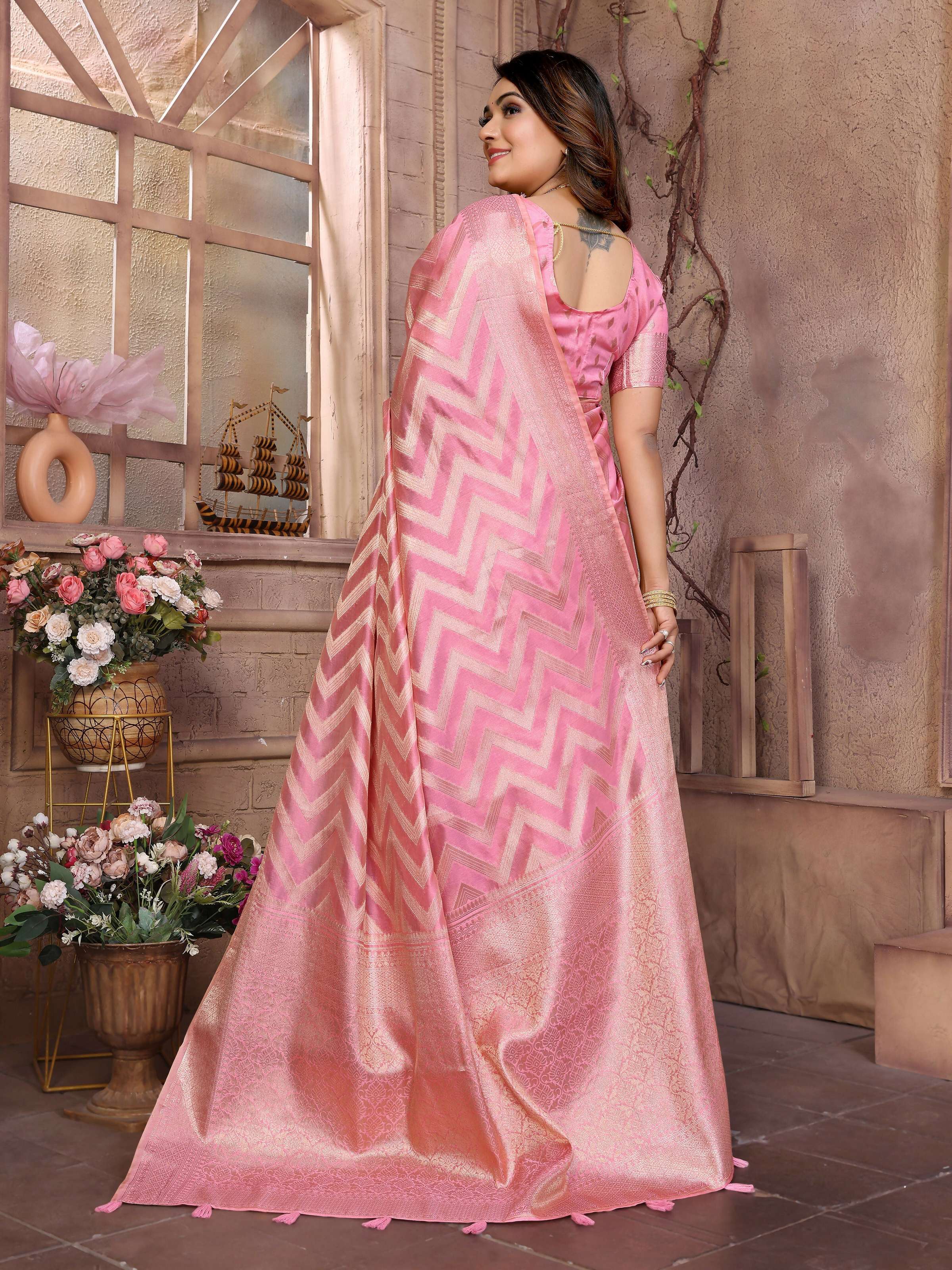 Aastha Fashion Pink Soft Organza Silk Weaving Saree - Distacart