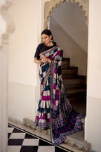 Vastranavya Navy Blue Viscose Chanderi Printed with Temple Border Saree & Unstitched Blouse - Distacart