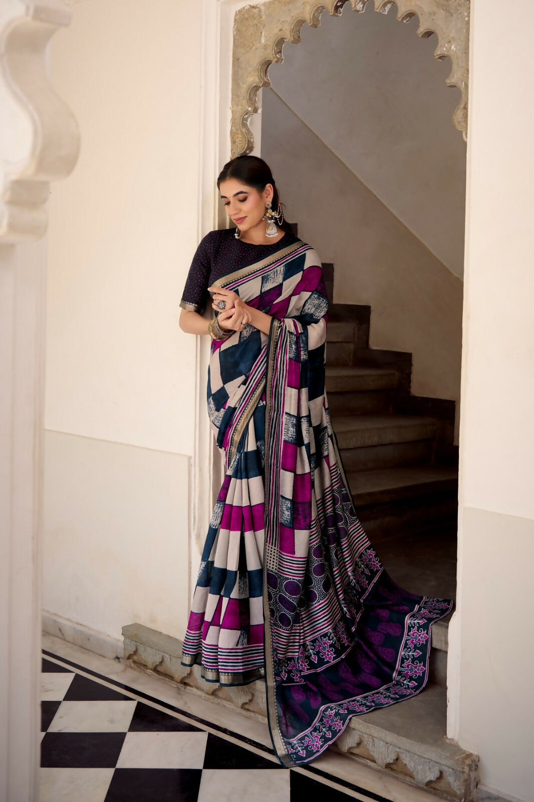 Vastranavya Navy Blue Viscose Chanderi Printed with Temple Border Saree & Unstitched Blouse - Distacart