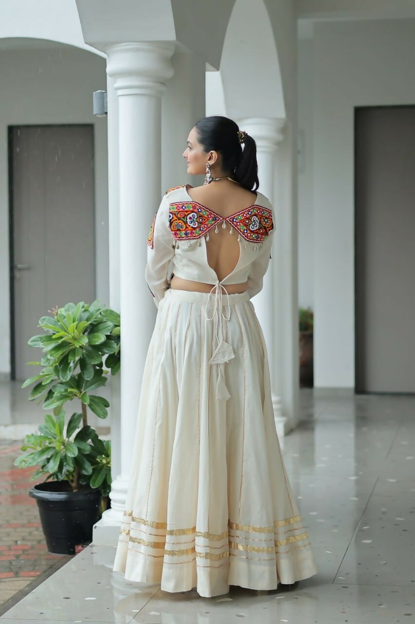 Teeya Creation Off White Colour Pure Cotton Embroidery Work Navratri Lehenga
