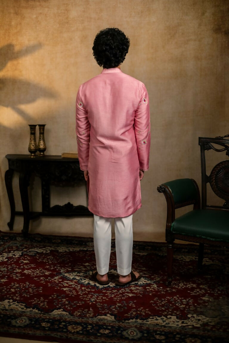 Falling Raw Silk Pink Gulab Pakshi Kurta Set By Hilo Design