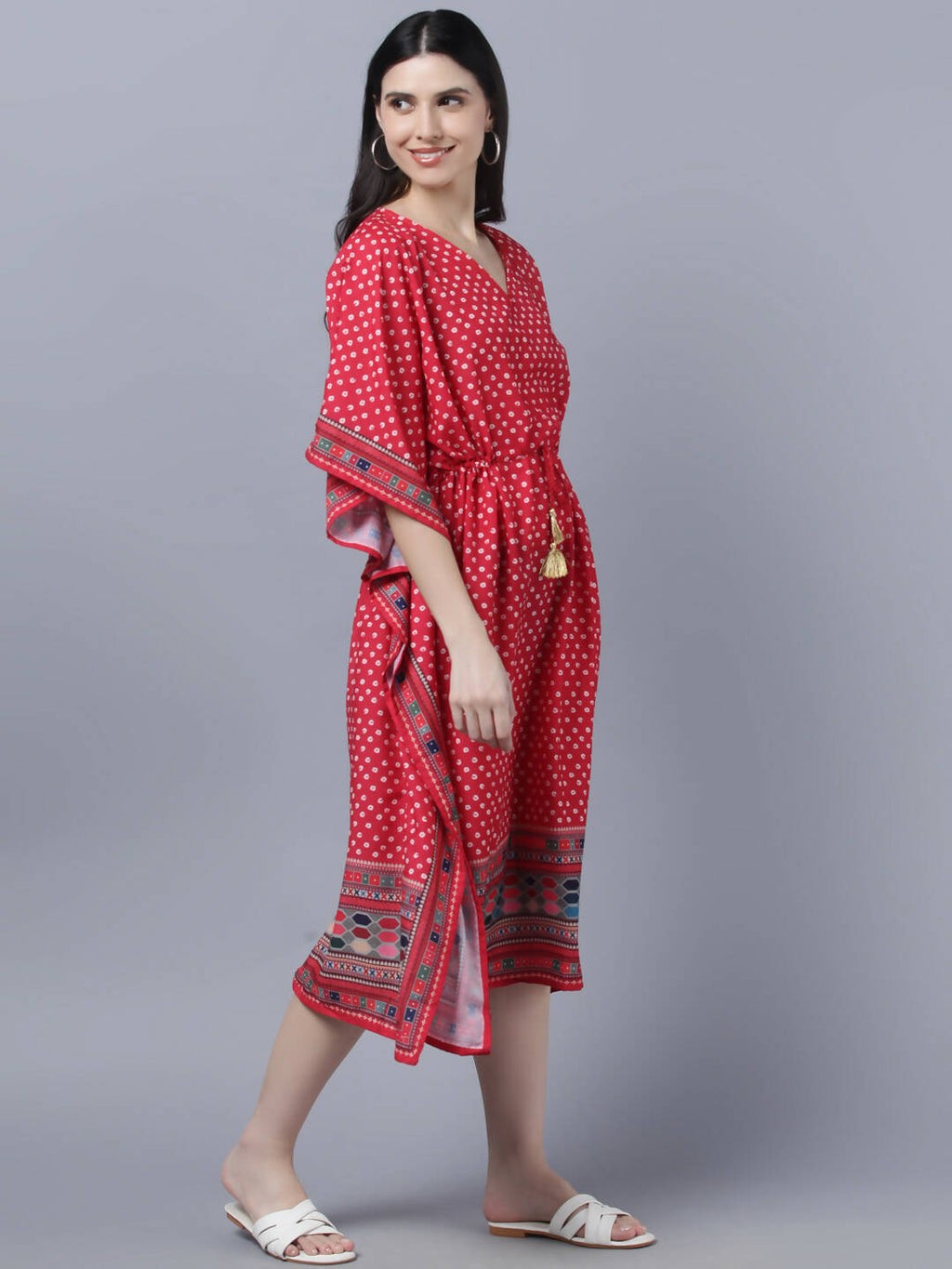 Myshka Women's Red White Ethnic Motifs Printed Kaftan Midi Dress - Distacart