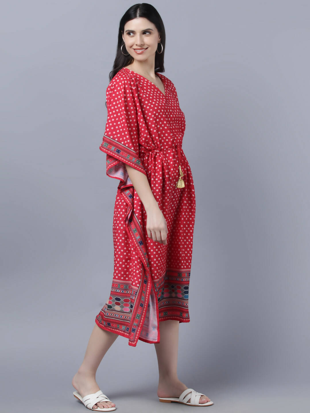 Myshka Women's Red White Ethnic Motifs Printed Kaftan Midi Dress - Distacart