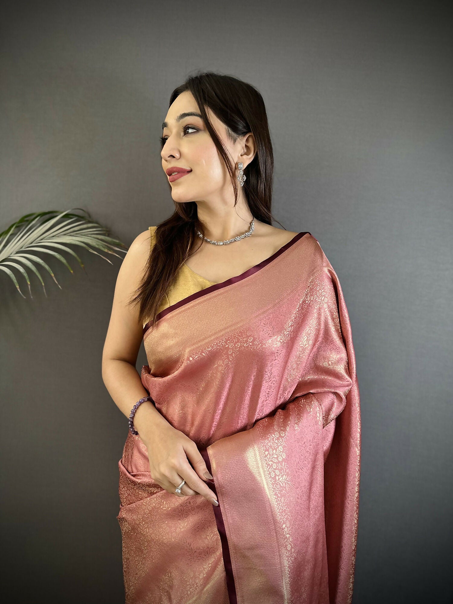 Joban Fashion Dusty Pink Floral Motifs & Ethnic Design Soft Satin Silk Kanchipuram Saree - Distacart
