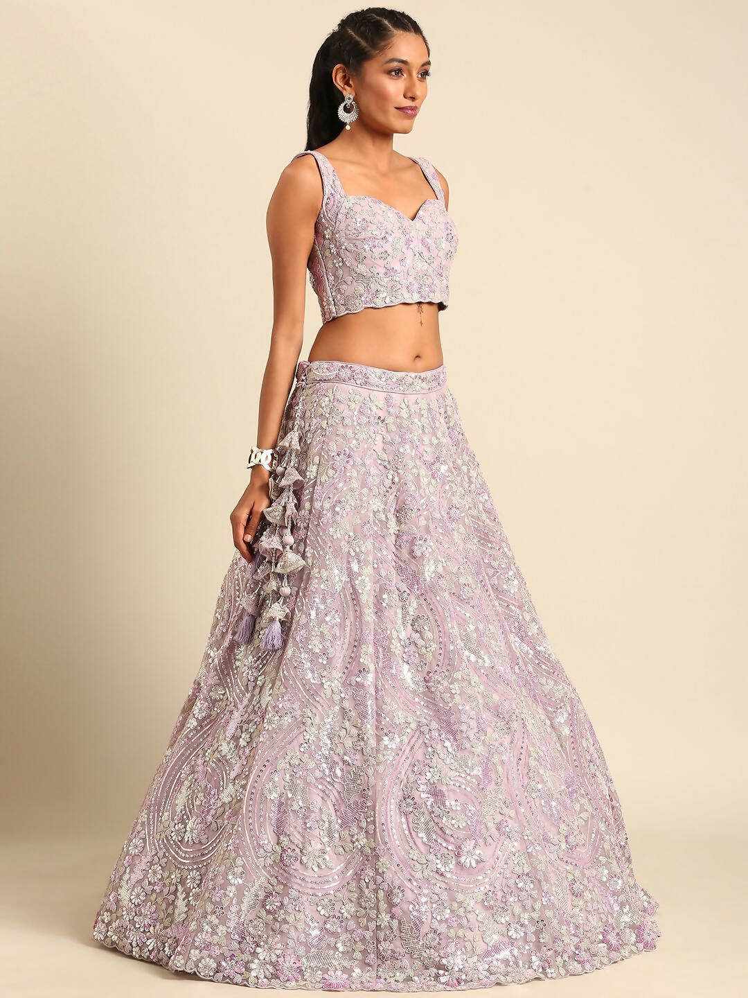 House of Panchhi Lavender Net Sequins and Zarkan embroidery Lehenga choli & Dupatta