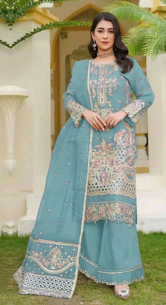 Anaita Sky Blue Fox Georgette Stitched Suit with Embroidery Sequins - Distacart
