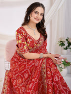 Maroon Vichitra Silk Bandhani Printed, Embroidery Work Saree - Ditya