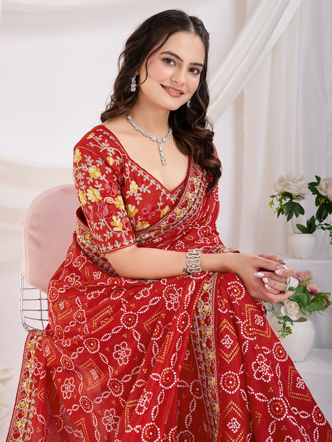 Maroon Vichitra Silk Bandhani Printed, Embroidery Work Saree - Ditya