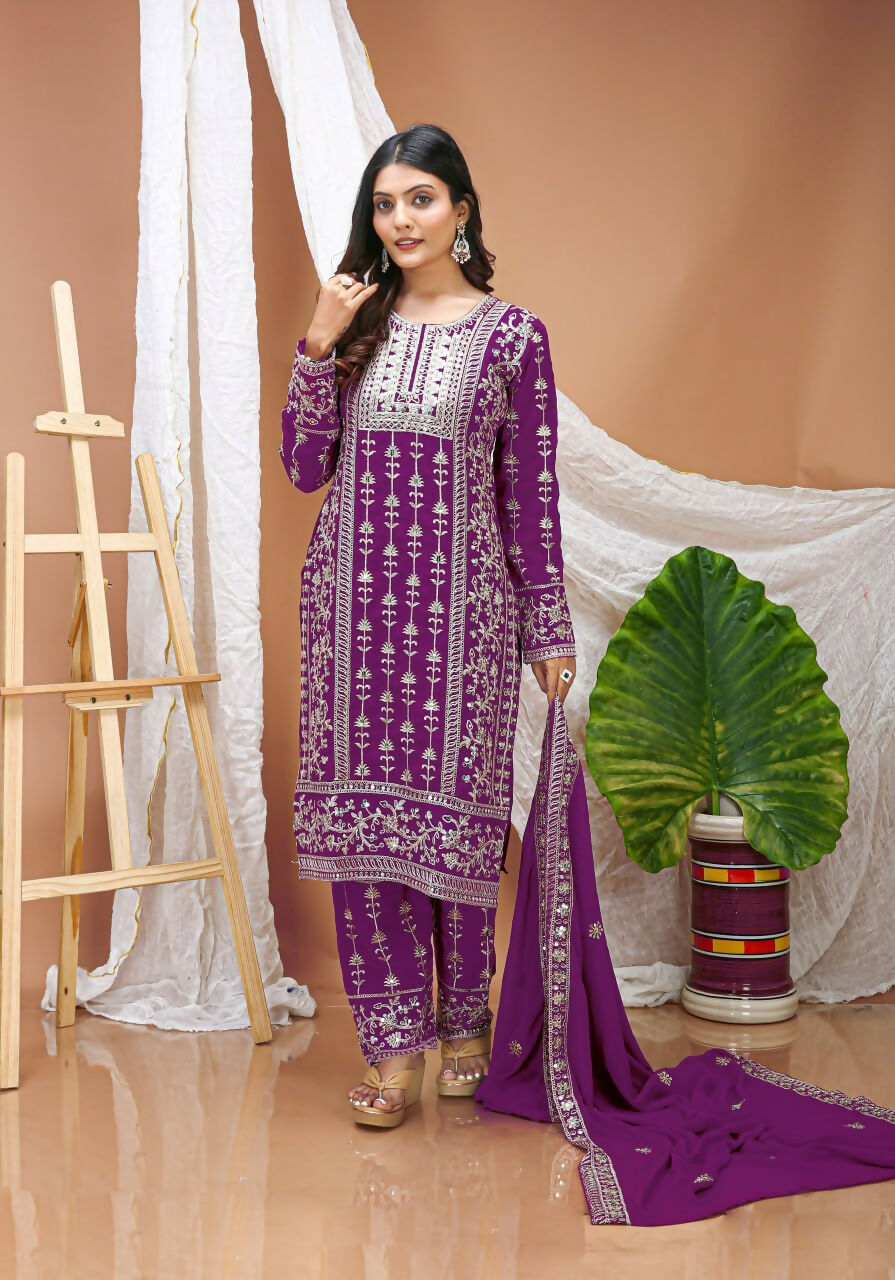 Teeya Creation Wine Faux Georgette Embroidery Work Wedding Wear Salwar Suit - Distacart