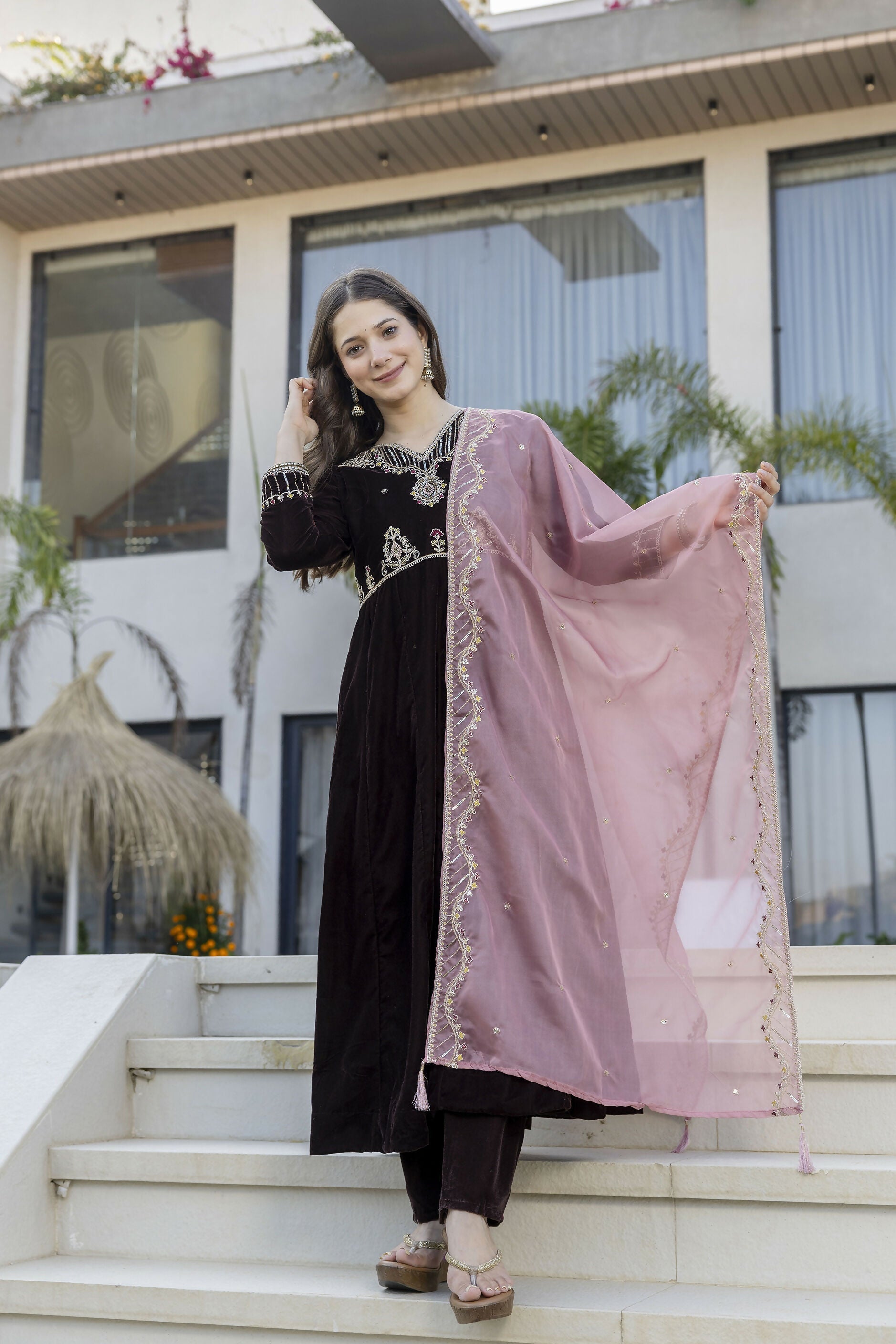The52 Women's Beautiful Velvet Fabric Embroidery Work Flared Anarkali Pant and Dupatta Set - Distacart