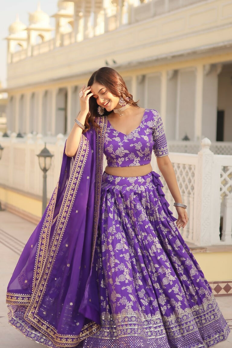 Vastranavya Designer Dyeable Pure Viscose Jacquard Fabric Lehenga Choli & Dupatta Set - Purple