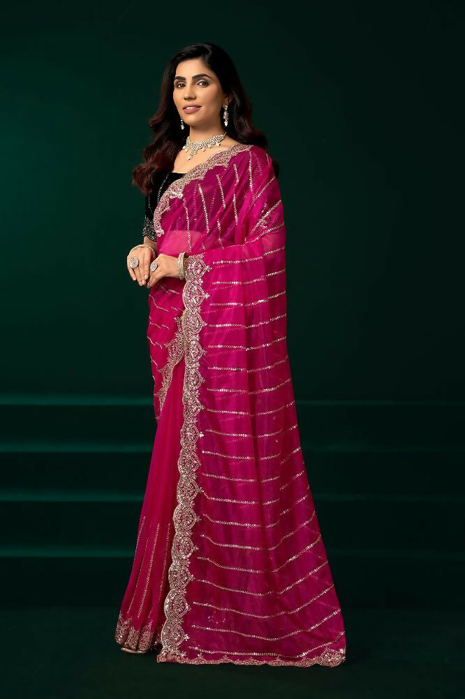 Joban Fashion Rani Pink Net Party Wear Sarees - Distacart