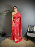 Joban Fashion Red Paisley & Floral Soft Satin Silk Banarasi Silk Saree - Distacart
