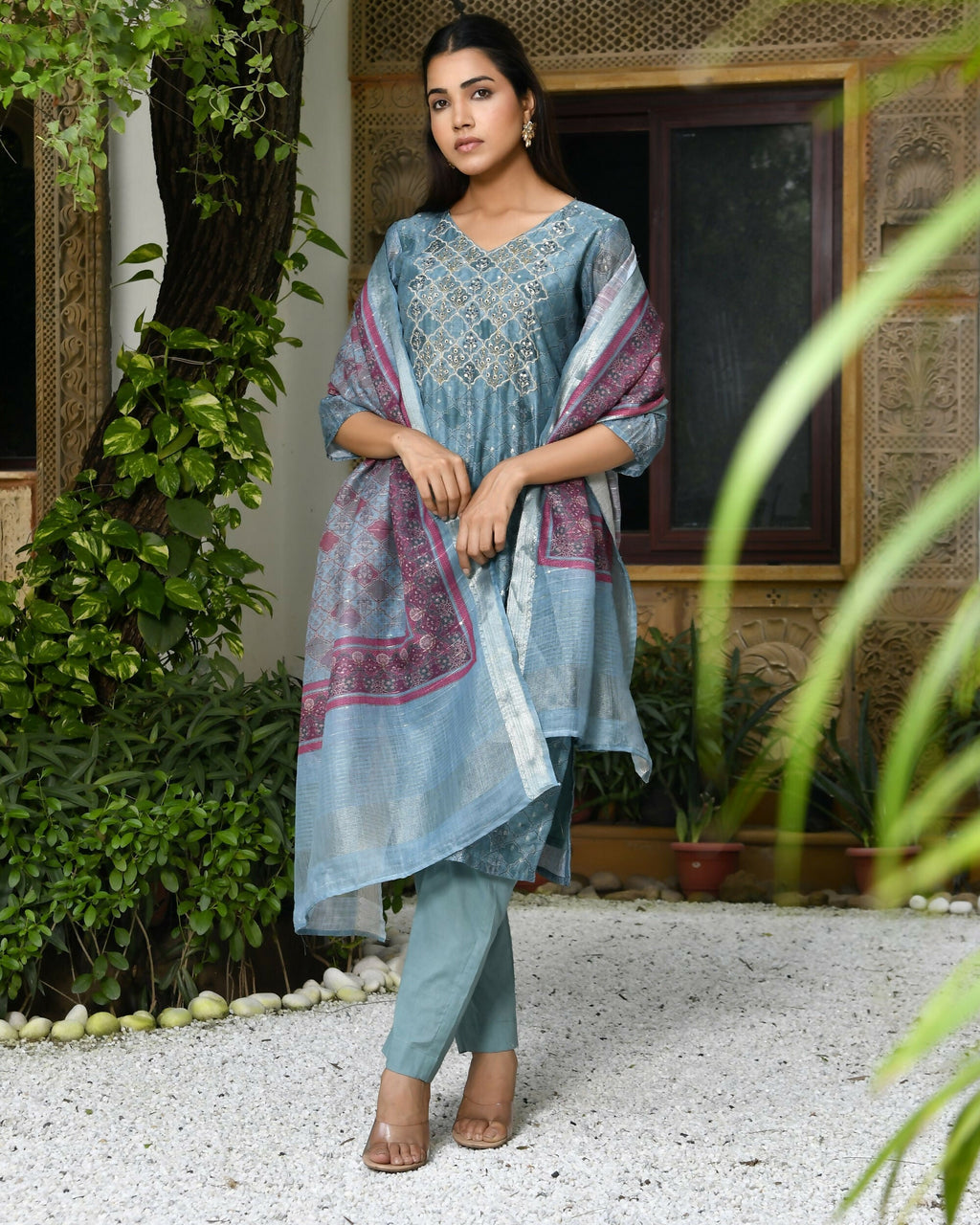 Vaasva Women's Chanderi Printed Suit Set With Pant And Printed Dupatta