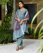 Vaasva Women's Chanderi Printed Suit Set With Pant And Printed Dupatta