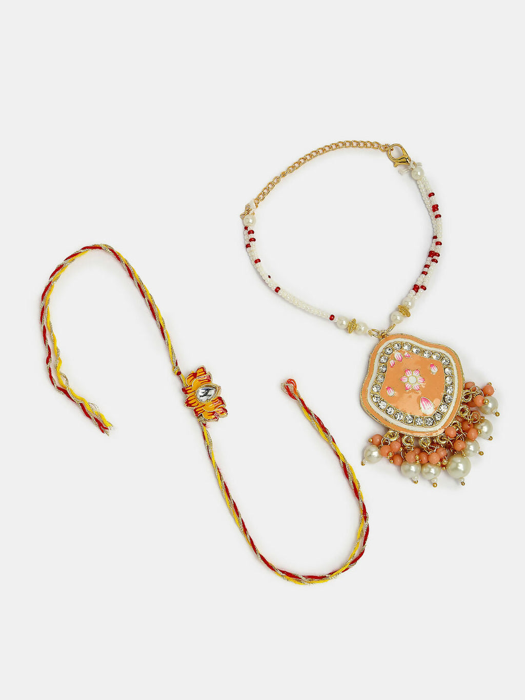 NVR Women & Men Set of 2 Peach Lotus Shape Kundan Stone-Studded & Beaded Bhaiya Bhabhi Rakhi With Roli Chawal & Chocolate - Distacart