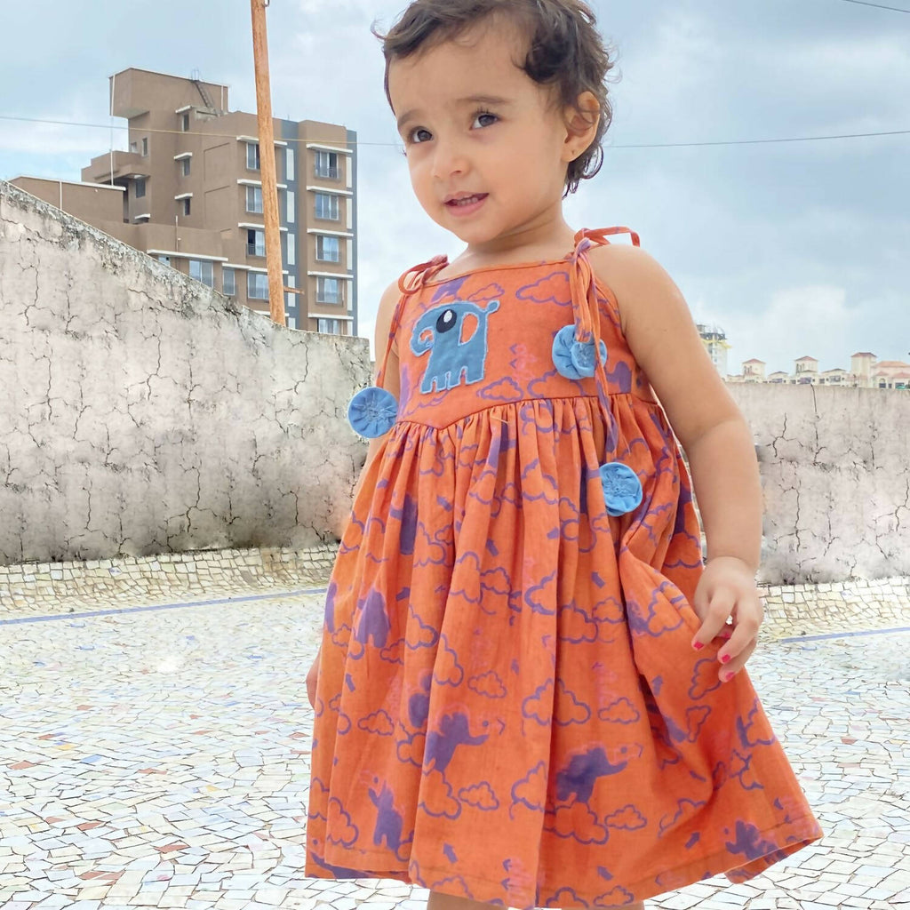 Mhyssa Pleated Sleeveless Orange and Blue Round Neck Frock