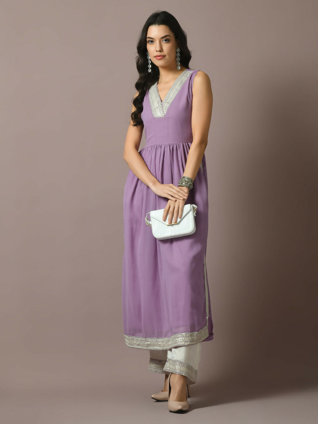 Myshka Women's Lavender Solid Georgette Anarkali Party Kurta Set