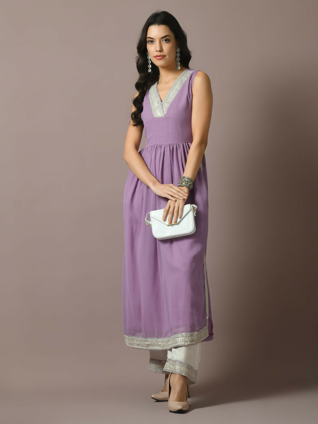Myshka Women's Lavender Solid Georgette Anarkali Party Kurta Set