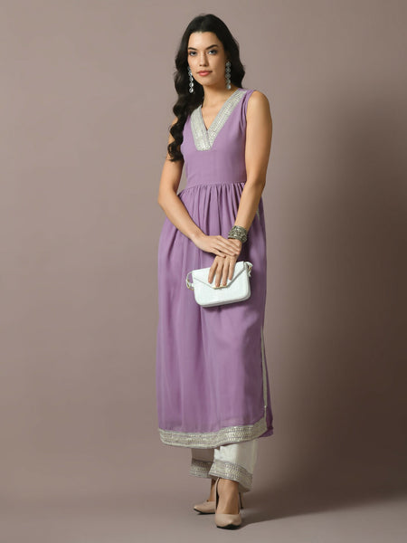 Myshka Women's Lavender Solid Georgette Anarkali Party Kurta Set