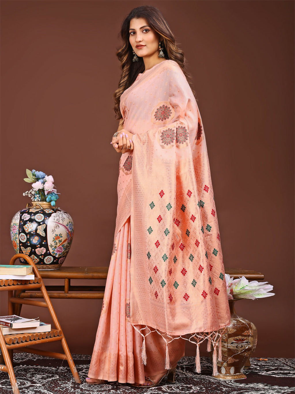 Shree Shyam Fashion Neerja Peach Linen Cotton Saree