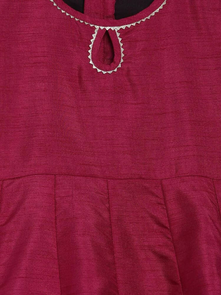 Ahalyaa Wine Poly Silk Curved Kids Kurta Palazzo Set With Bottom For Girls