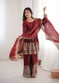 Teeya Creation Maroon Color Fendy Satin Silk Embroidery Work Party Wear Salwar Suit - Distacart