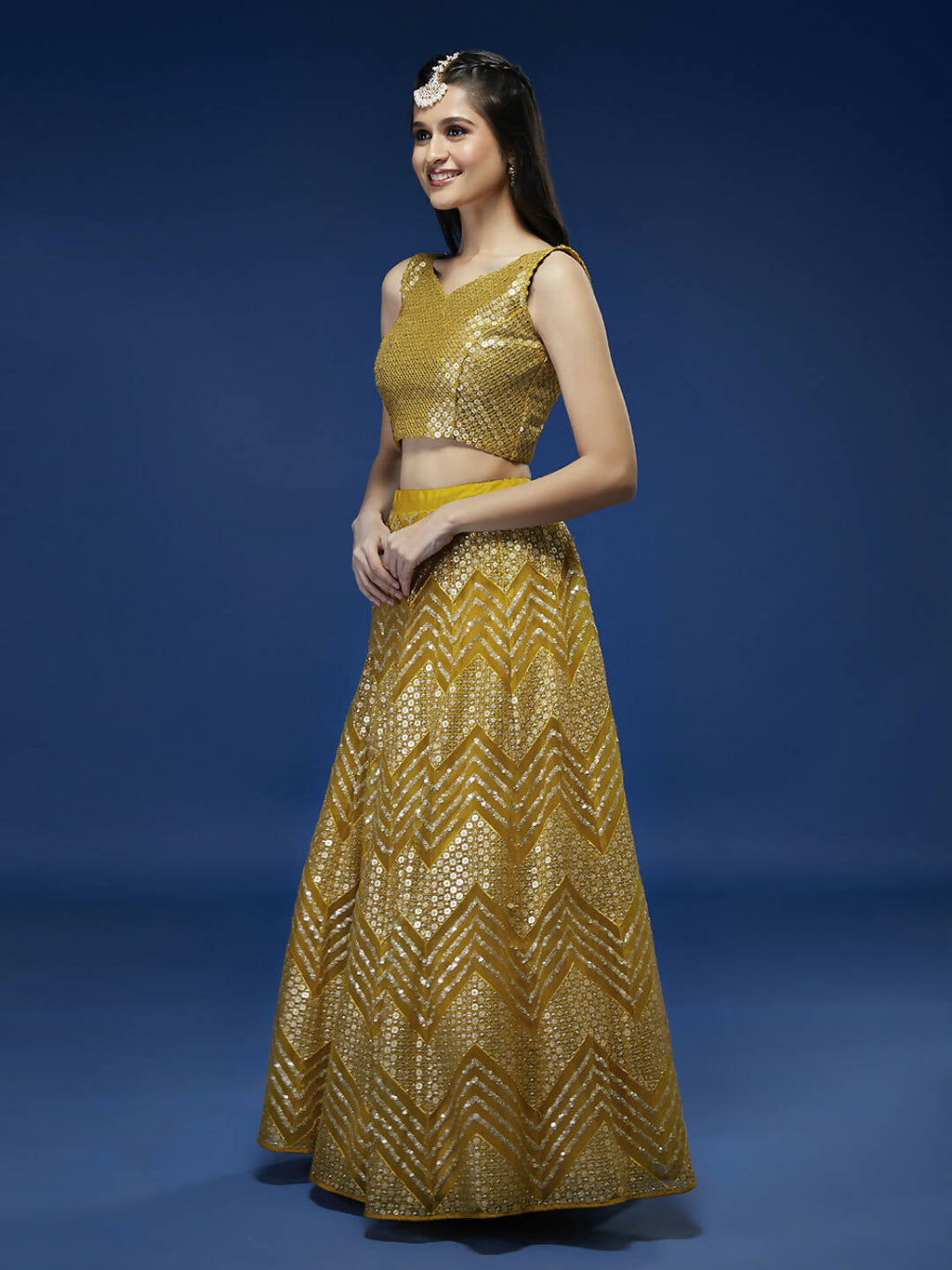 House of Panchhi Mustard Net Sequinse Work Lehenga & Blouse, Dupatta