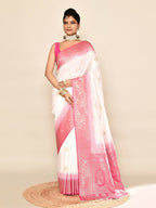 Joban Fashion White & Rani Pink Plain With Weaving Border Banarasi Silk Sarees