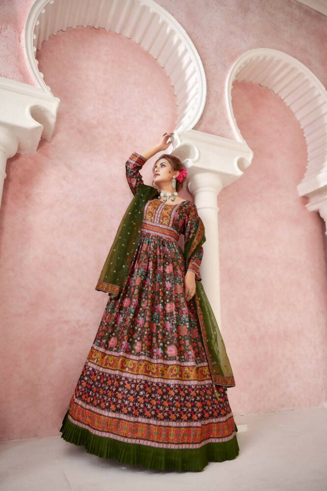 Everywhere Designer Mahendi Dola Silk Gown With Dupatta - Anbazaar - Distacart