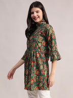 Aavyora Women's Ethnic Floral Printed Tunic - Green with Red & Gold Accents, Pin-Tucked Front, and Flared Hem