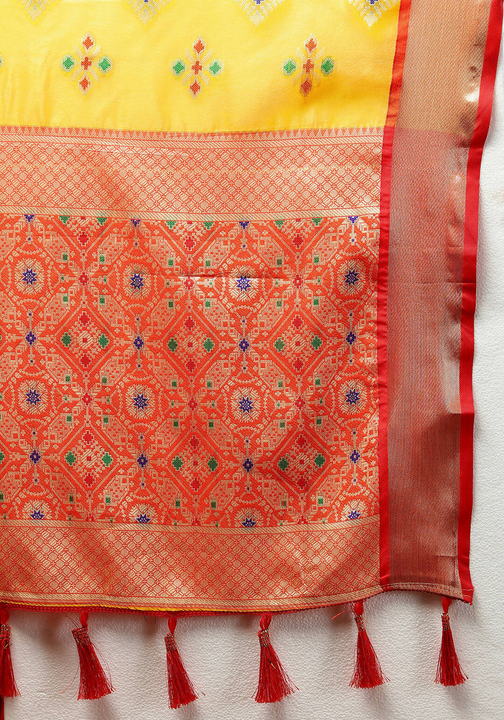 Lorenvalley Fashion Yellow Organza Silk Woven Design with Meenakari Weaving Saree