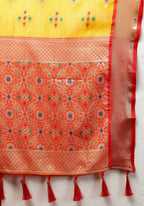 Lorenvalley Fashion Yellow Organza Silk Woven Design with Meenakari Weaving Saree