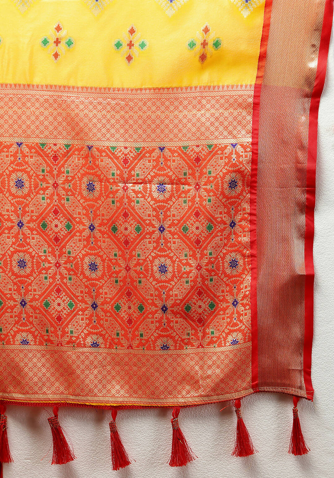 Lorenvalley Fashion Yellow Organza Silk Woven Design with Meenakari Weaving Saree