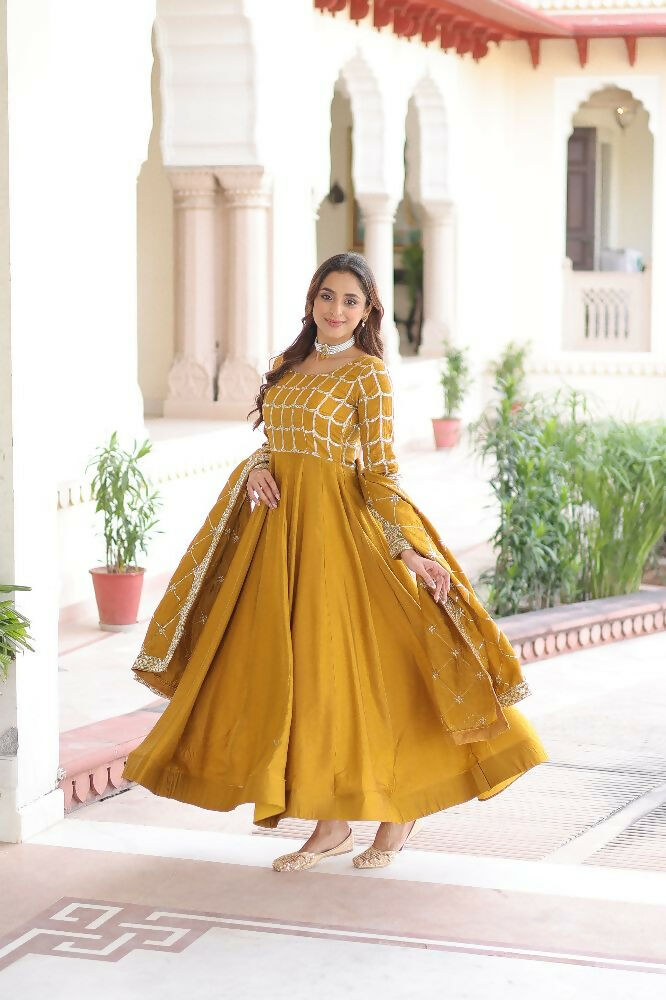 Joban Fashion Yellow Kurta Set Silk Sequins , Zari, Coding & Thread Embroidered work - Distacart