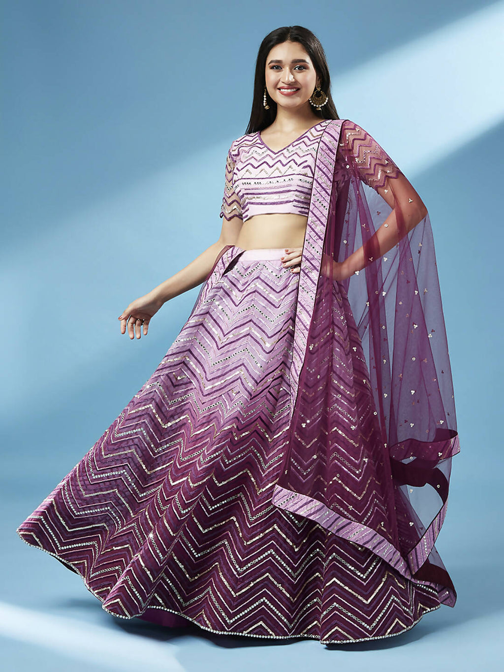 House of Panchhi Women Lavender Net Zig-Zag Embroideried Lehenga, Blouse & Dupatta