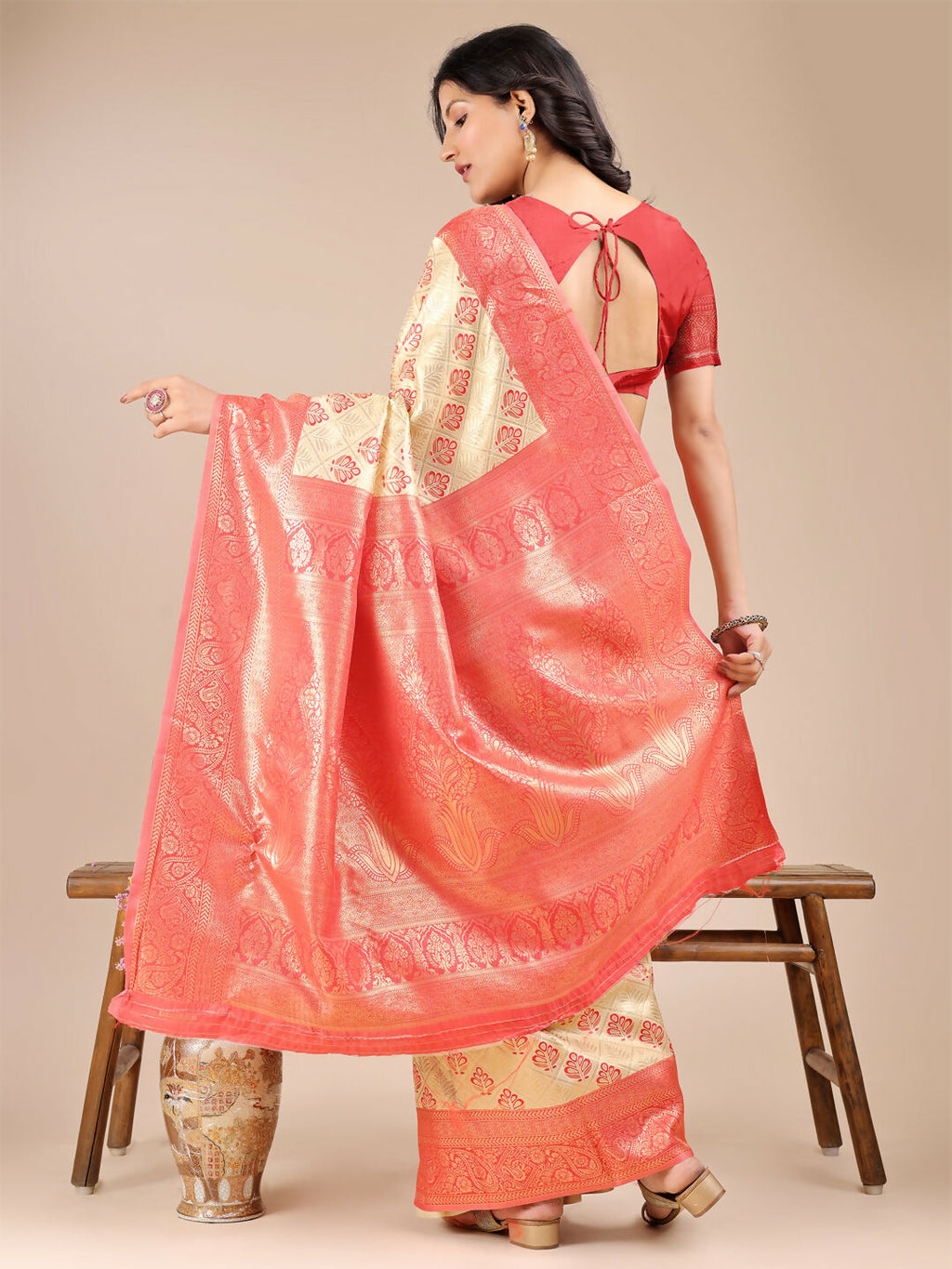 Shree Shyam Fashion Aura Silk Cream Red Banarasi Silk Saree