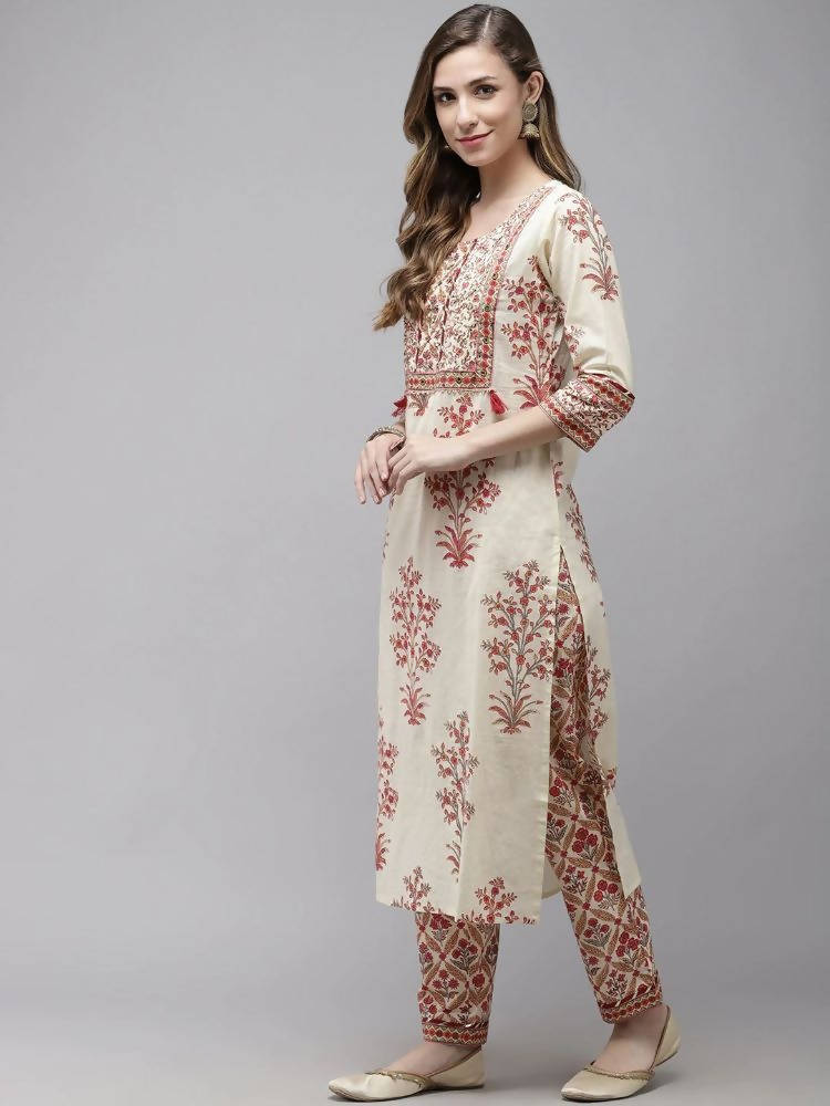 Yufta Women Off White printed Kurta with Trouser & With Dupatta