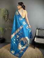 Joban Fashion Blue Motifs Zari Weaving Soft Silk Banarasi Saree